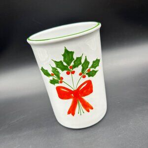 Christmas Holly Utensil Holder Italian Pottery White Red Decoration Italy